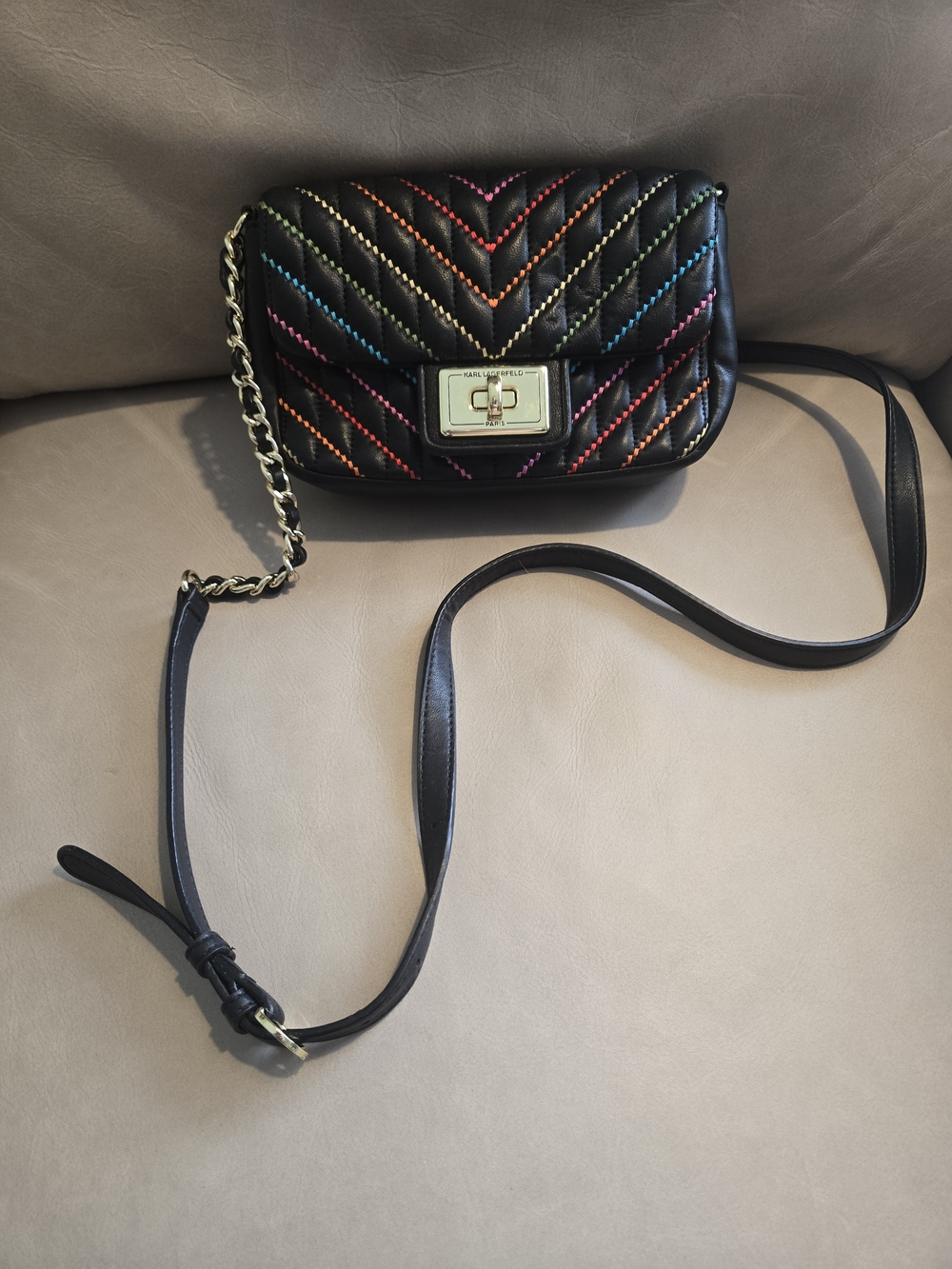 Karl Lagerfeld Black Quilted Crossbody with Rainbow Stitching